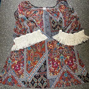 Pink Coconut Boutique Crochet Fringe Bell Sleeve Tunic Top Dress Size S (DR002)